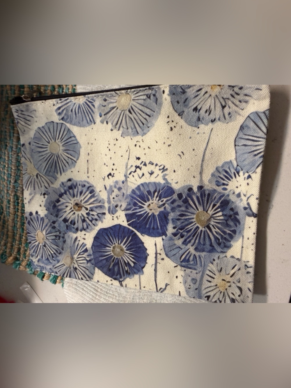 Blue Floral Mini Clutch Bag - Canvas Zip Pouch make a wish!